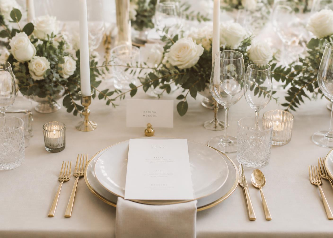 Designer tablescape with white roses, gold flatware and taper candles