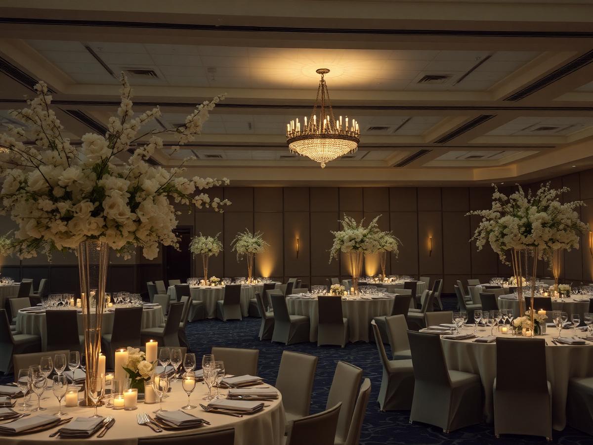 Candlelit gala ballroom with tall white floral centerpieces